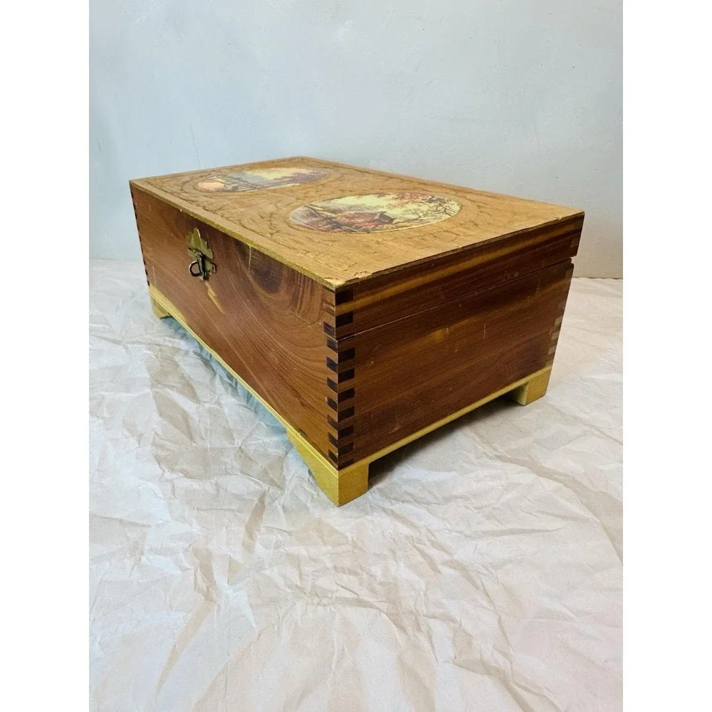 Vintage Cedar Jewelry box with carved and fall decopage lid, mirror inside